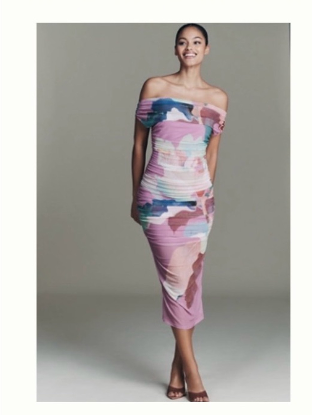 Anthropologie Off-Shoulder Midi Dress in Pink Multi